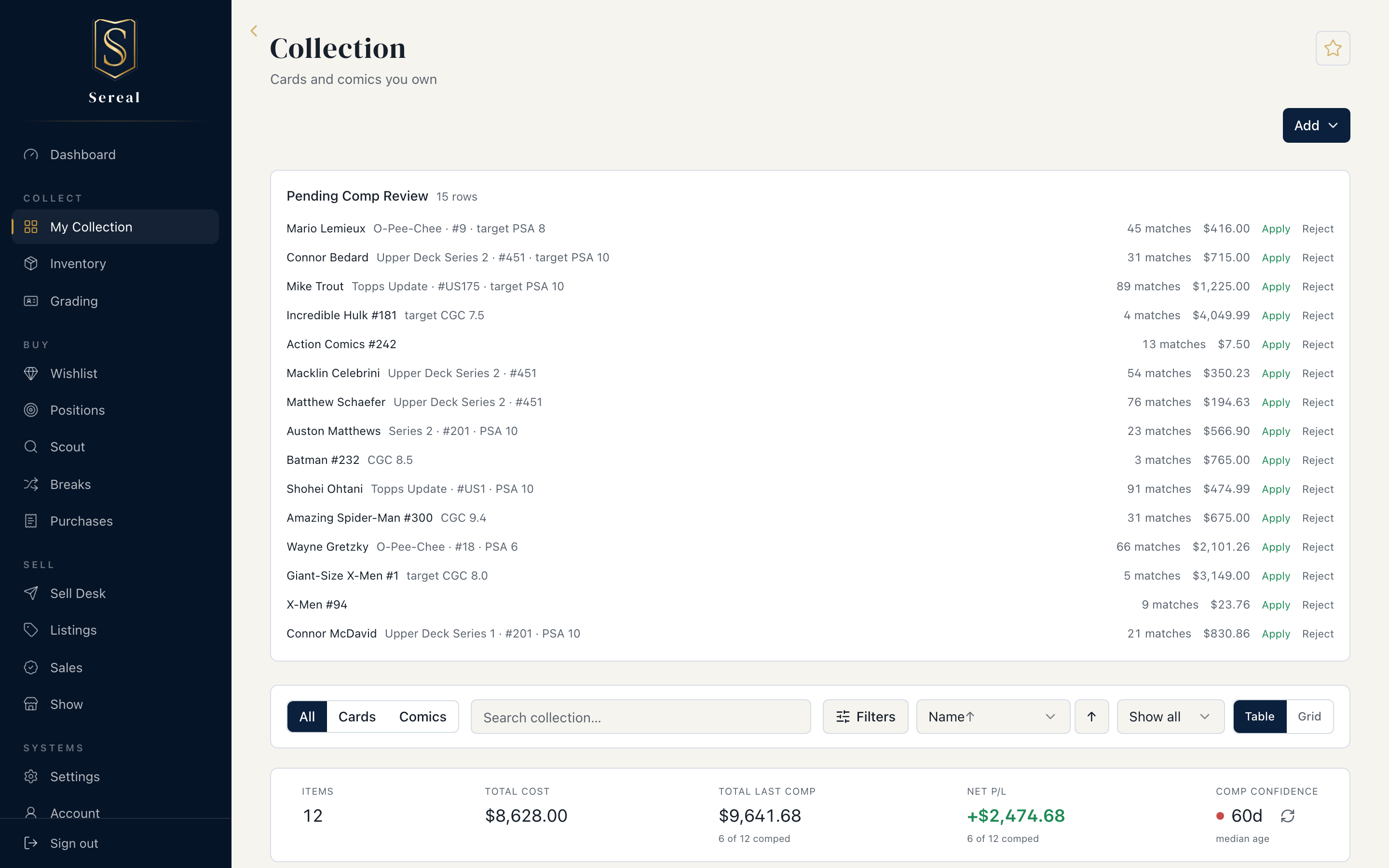 The Collection table — medium toggle, sortable columns, and conditional formatting on value and P/L.