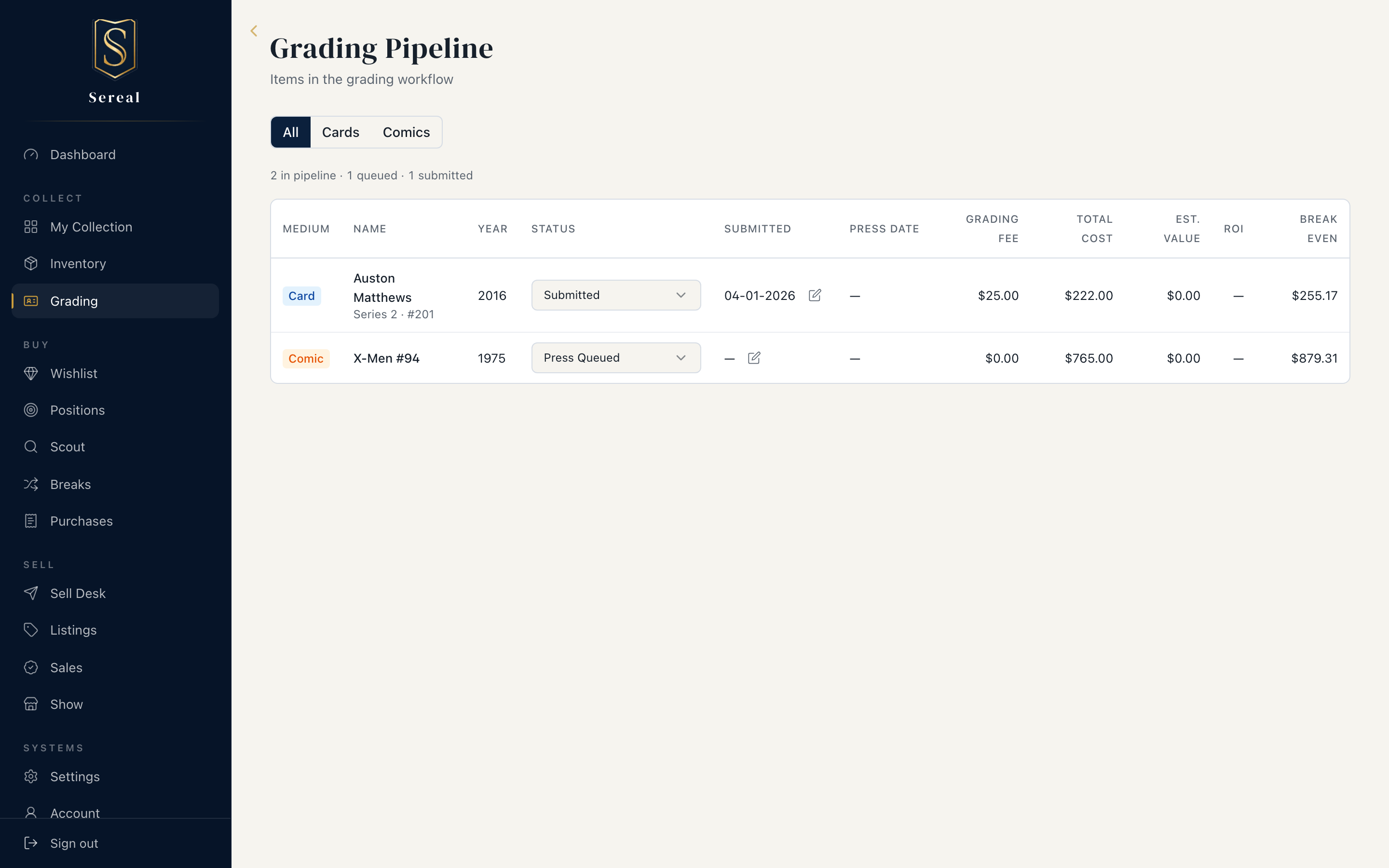 The grading pipeline — status per row, with grading fee, total cost, and break-even columns.