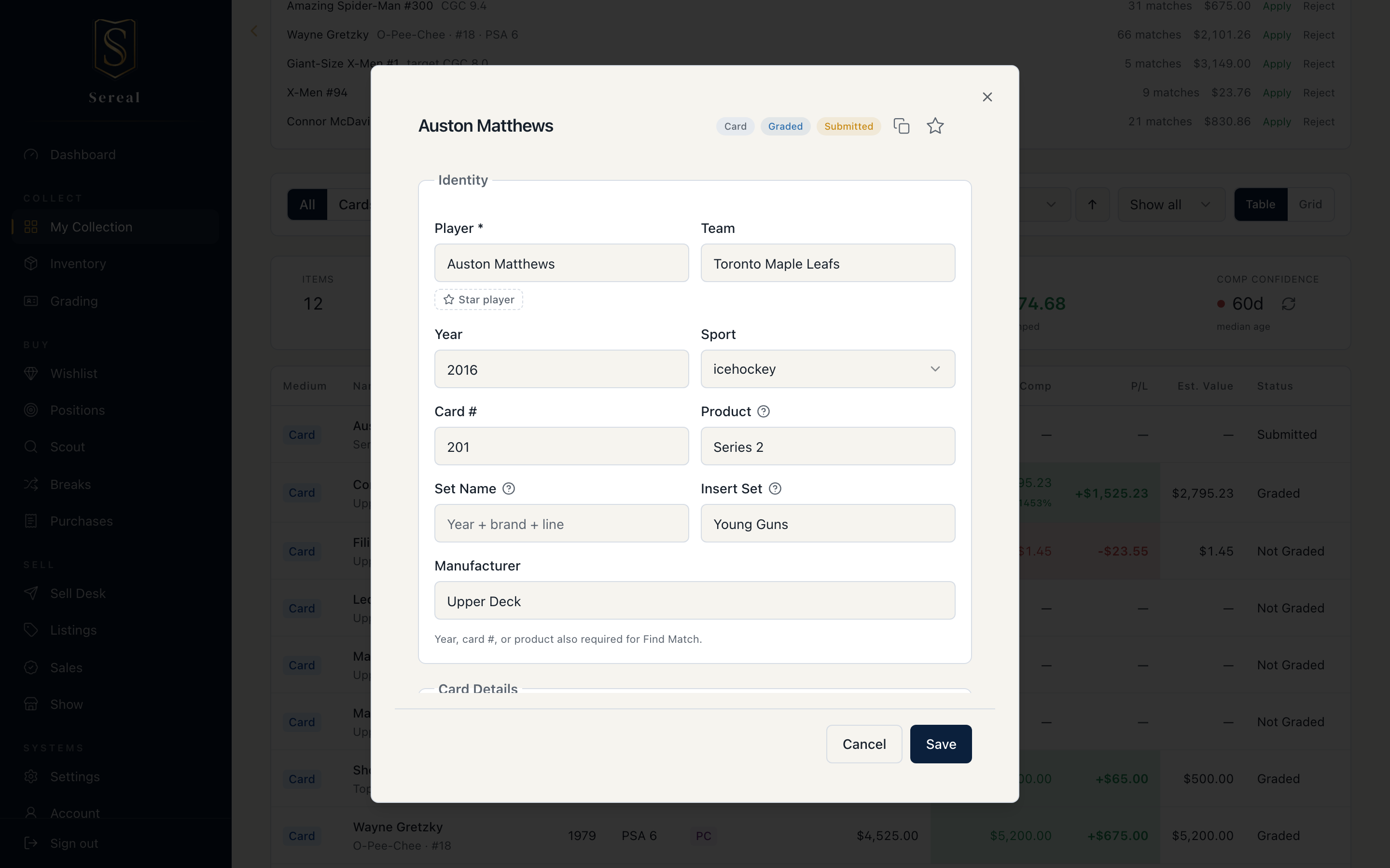 The item detail view — every field editable, with cert status and comp tools.